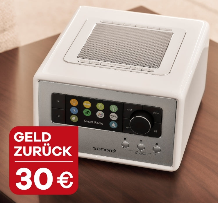 Draufsicht auf den sonoro RELAX Radio in weiß-silber. Stöer mit 30 Euro Geld zurück