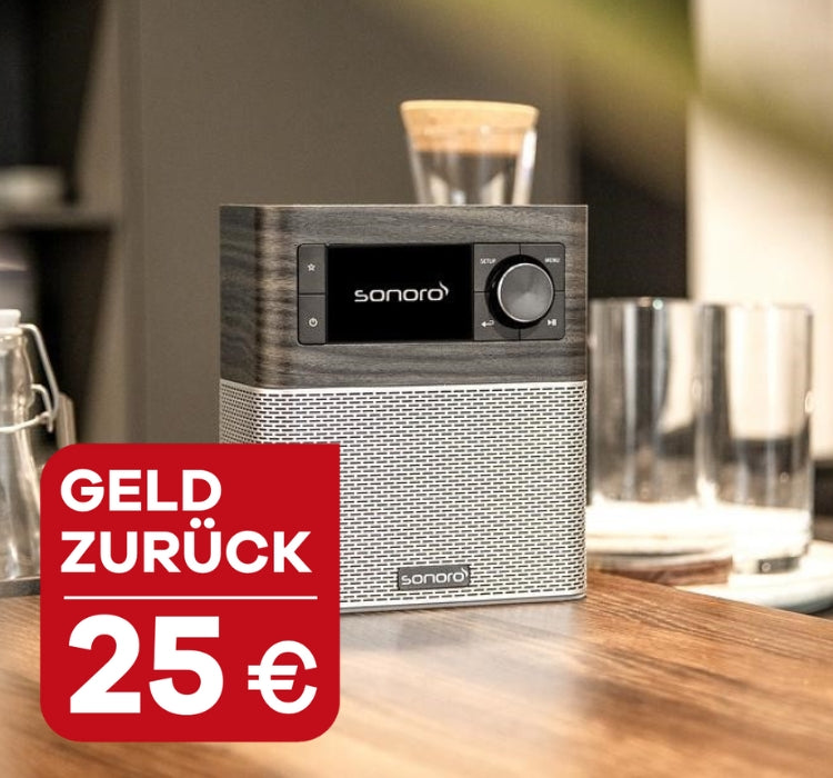 sonoro STREAM Radio in grau auf der Küchentheke, Störer mit 50 Euro Geld zurück