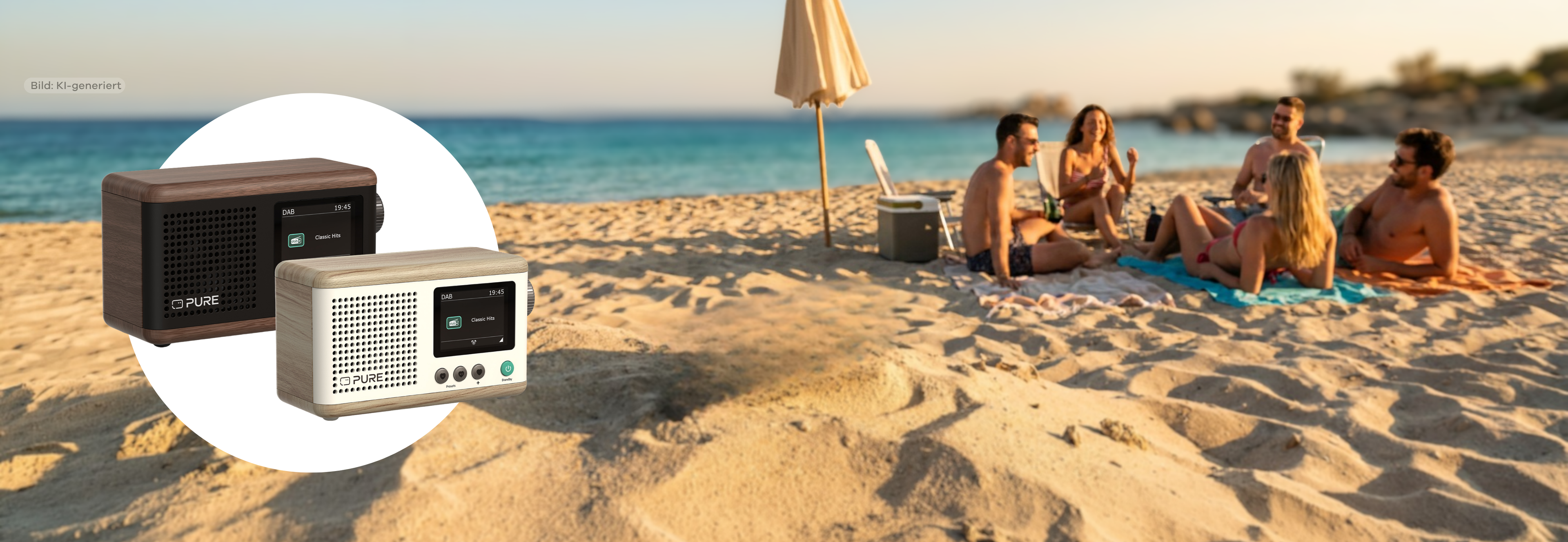 Freundesgruppe entspannt bei Sonnenuntergang am Strand, daneben Produktbilder von DAB+ Radios für unterwegs